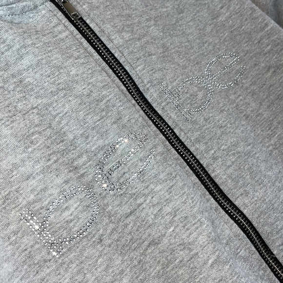 GRAY Bebe Sport zip hoodie silver sparkly rhinestone BEBE Distressed sleeve Med - Picture 12 of 14